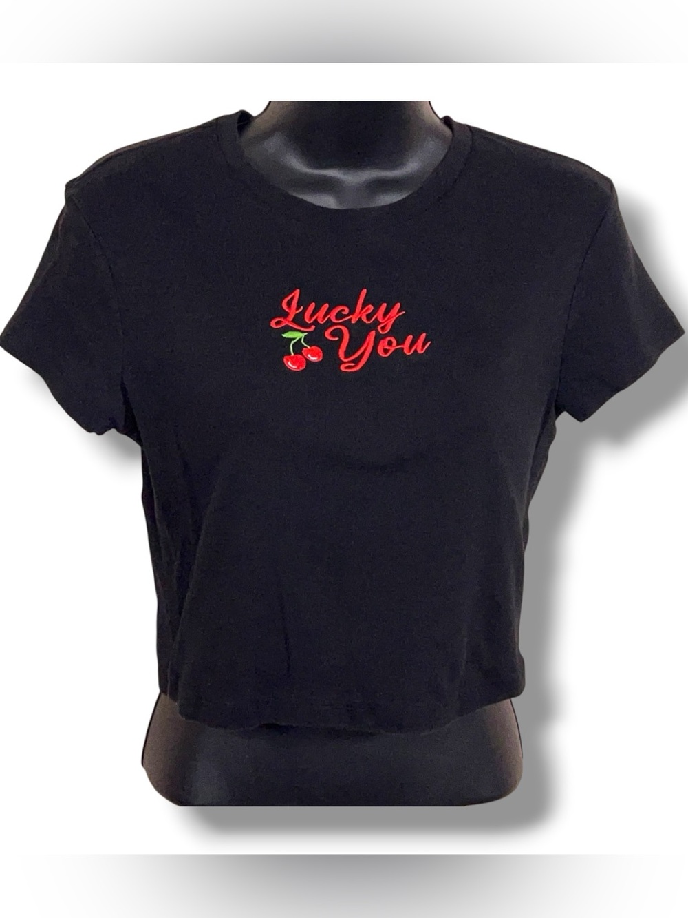 Medium Lucky You Cherry Graphic Tee Crop Top Homegirl Society Cotton Pinup